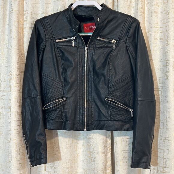 GUESS Los Angeles‎ Faux Leather Biker Jacket Black Faux Fur Lined Women's Medium - Picture 1 of 8